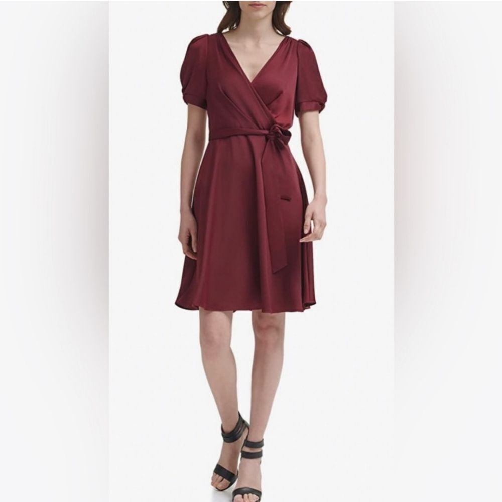 Donna Karen women's burgundy faux wrap short puff sleeve Whimsigoth Dress sz 10